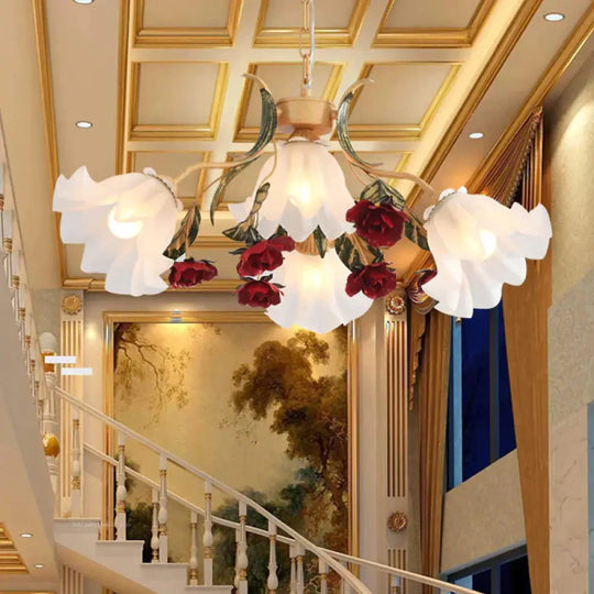 Floral Hallway Ceiling Chandelier American Garden Frosted Glass 4/6 - Head Red Pendant Lamp 4 /
