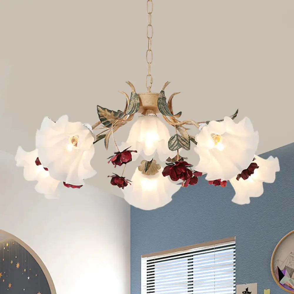 Floral Hallway Ceiling Chandelier American Garden Frosted Glass 4/6 - Head Red Pendant Lamp 6 /