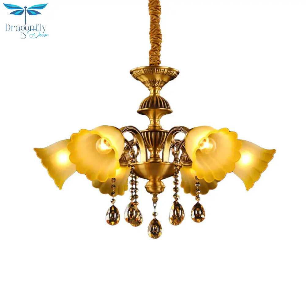 Floral Shade Hanging Chandelier European 6 Bulbs Glass Pendant Light In Brass
