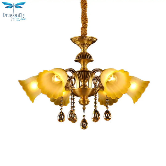 Floral Shade Hanging Chandelier European 6 Bulbs Glass Pendant Light In Brass