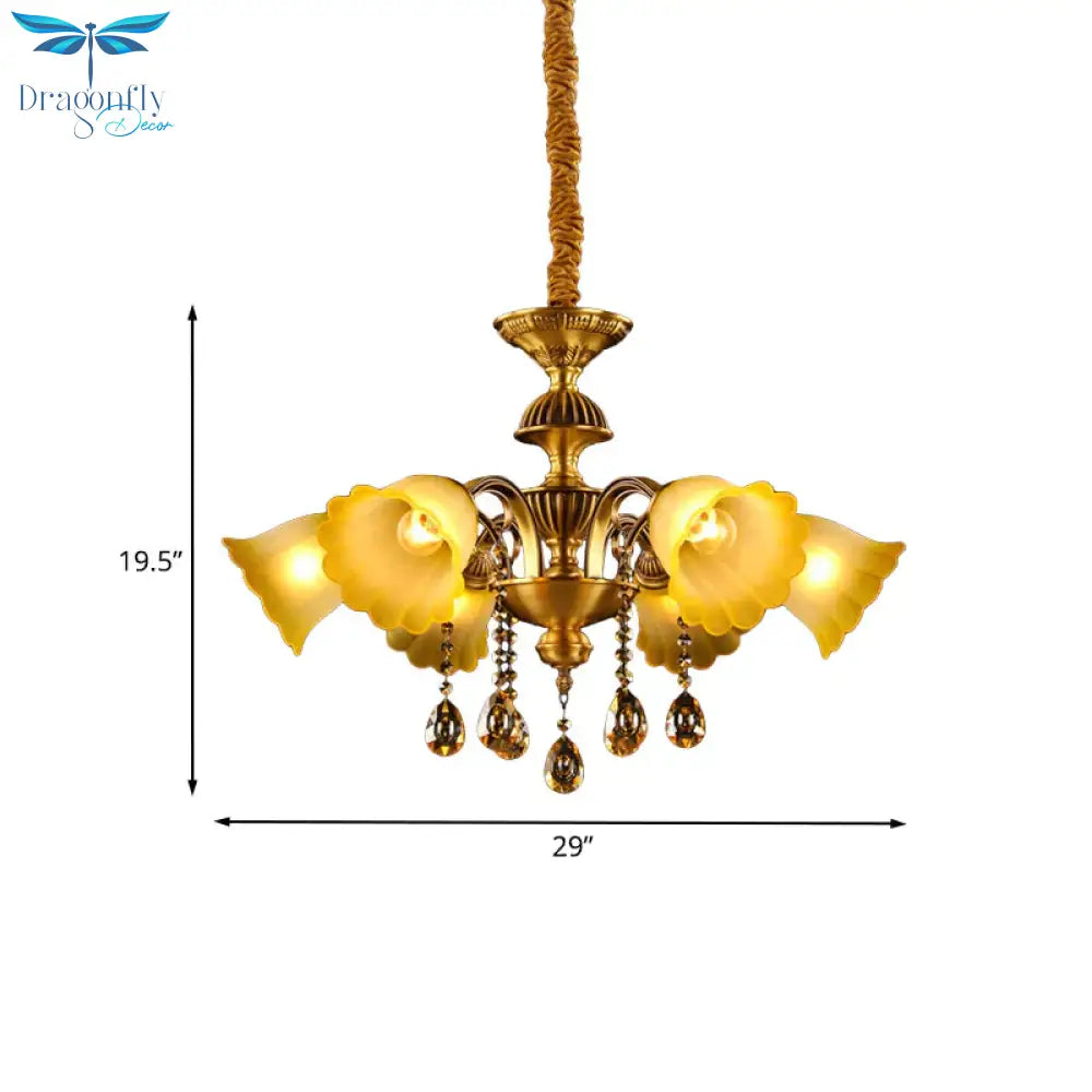 Floral Shade Hanging Chandelier European 6 Bulbs Glass Pendant Light In Brass