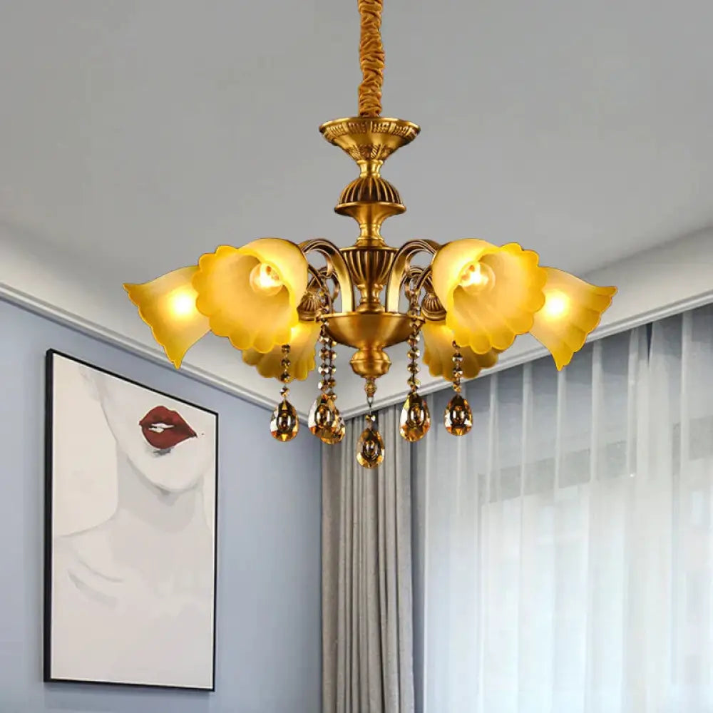 Floral Shade Hanging Chandelier European 6 Bulbs Glass Pendant Light In Brass