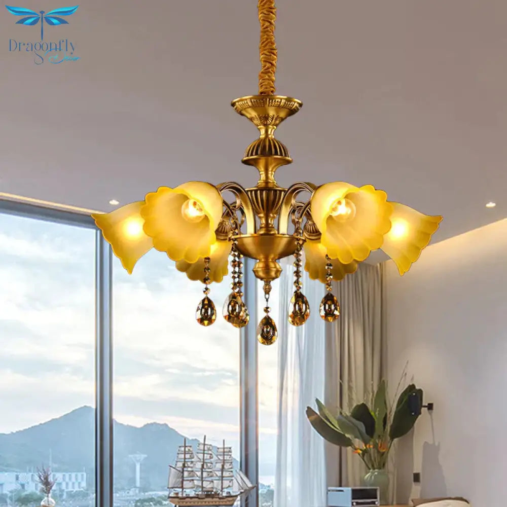 Floral Shade Hanging Chandelier European 6 Bulbs Glass Pendant Light In Brass