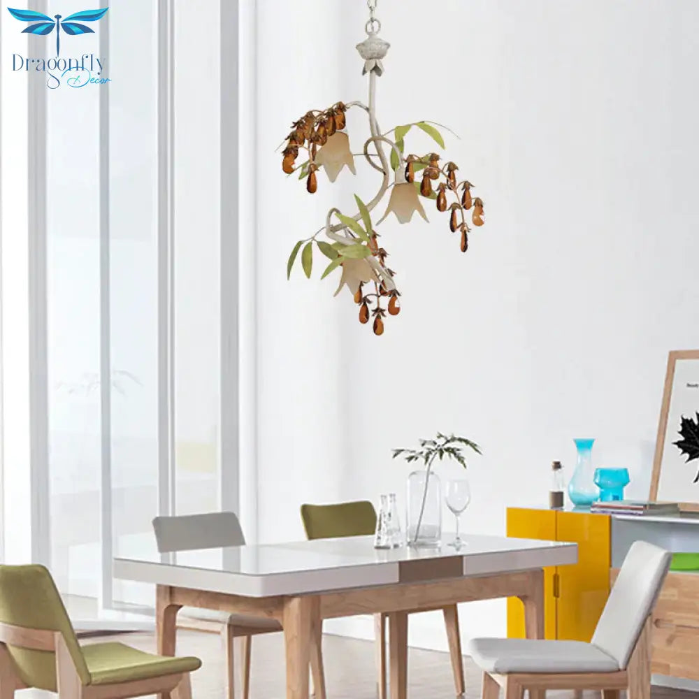 Floral Shape White Glass Chandelier Light Rustic 3 Lights Dining Room Hanging With Black/White Arm