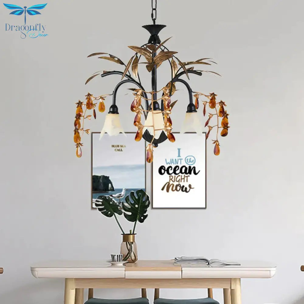Floral Shape White Glass Chandelier Light Rustic 3 Lights Dining Room Hanging With Black/White Arm