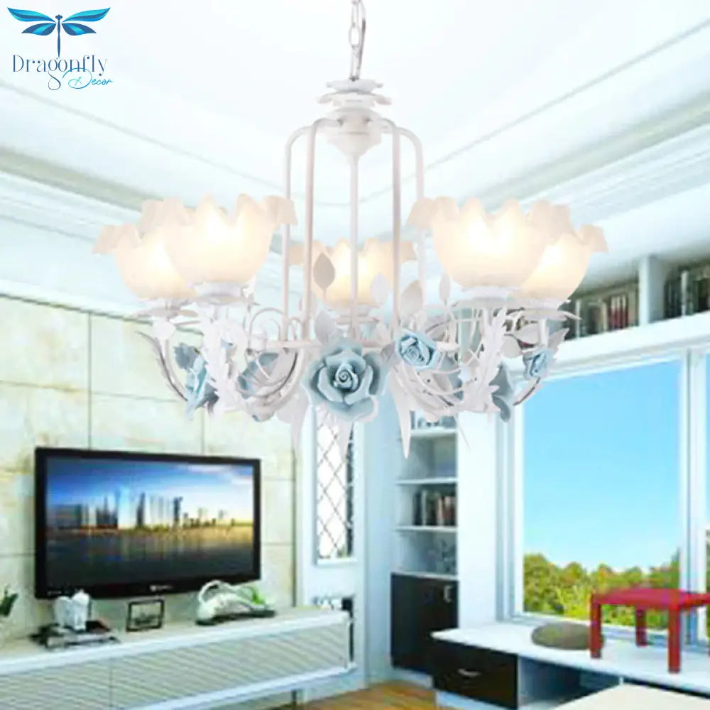 Floral White Glass Pendant Chandelier Pastoral Style 3/5 Bulbs Living Room Led Drop Lamp In Blue