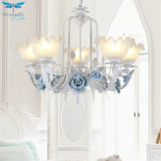Floral White Glass Pendant Chandelier Pastoral Style 3/5 Bulbs Living Room Led Drop Lamp In Blue