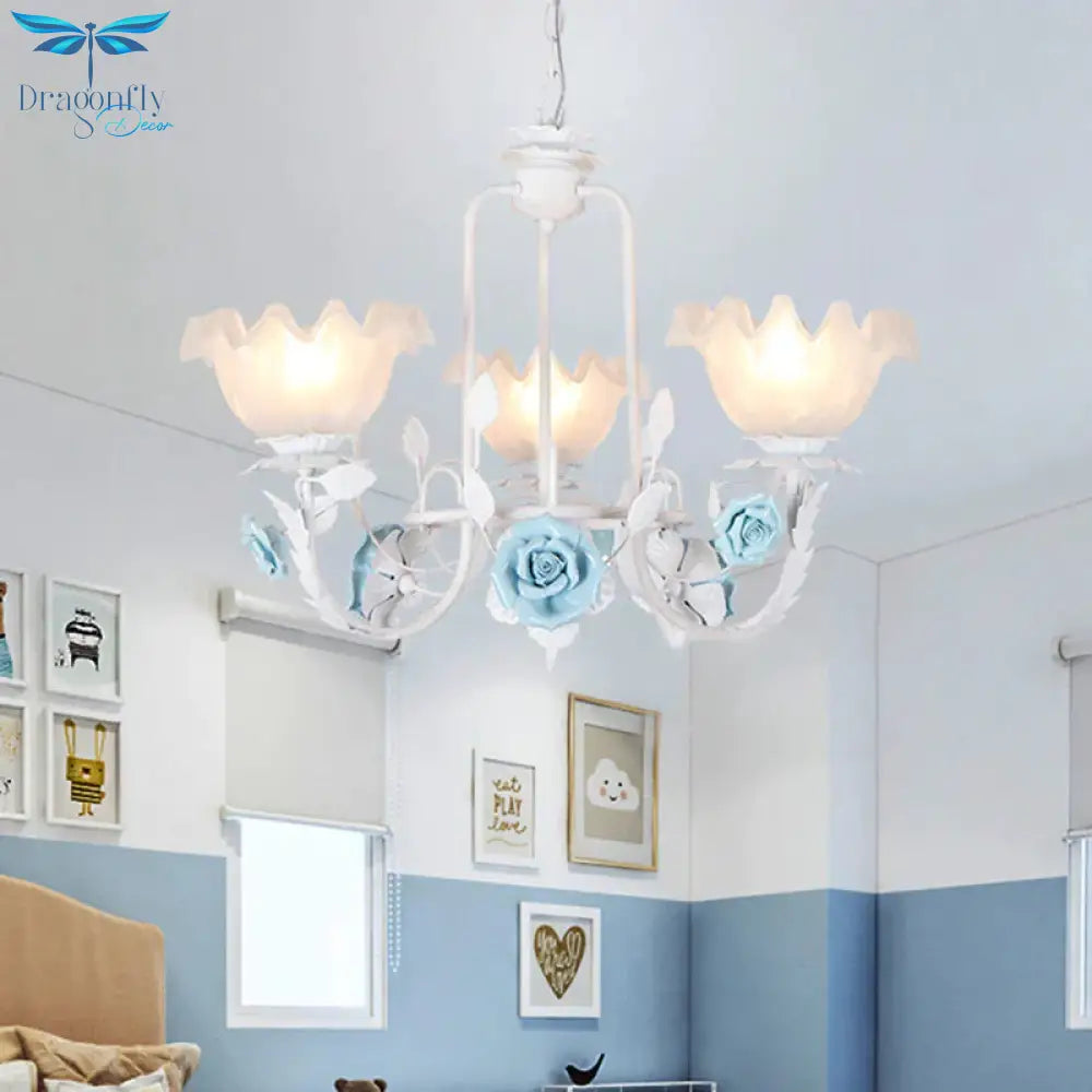 Floral White Glass Pendant Chandelier Pastoral Style 3/5 Bulbs Living Room Led Drop Lamp In Blue