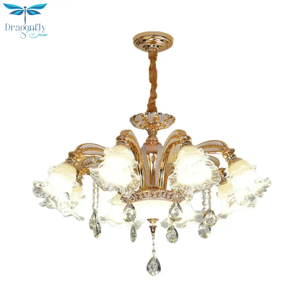 Flower Clear Glass Suspension Light Traditional 8 Heads Living Room Chandelier Lighting In Gold