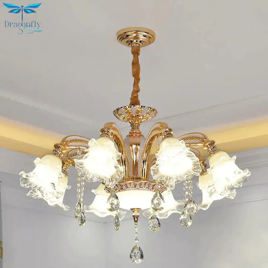 Flower Clear Glass Suspension Light Traditional 8 Heads Living Room Chandelier Lighting In Gold