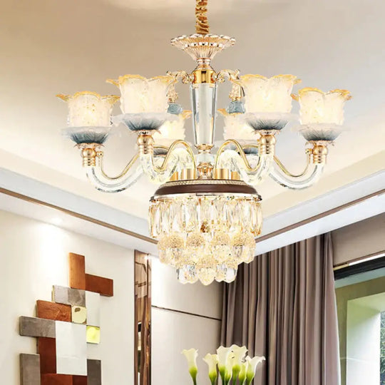 Flower Crystal Hanging Ceiling Light Traditional 8 - Bulb Living Room Chandelier Lamp In Gold 6 /