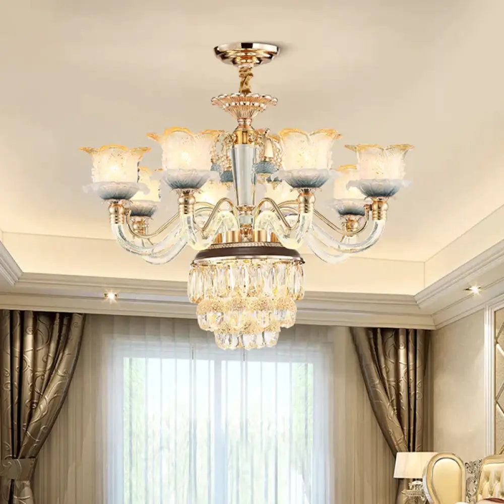 Flower Crystal Hanging Ceiling Light Traditional 8 - Bulb Living Room Chandelier Lamp In Gold 8 /