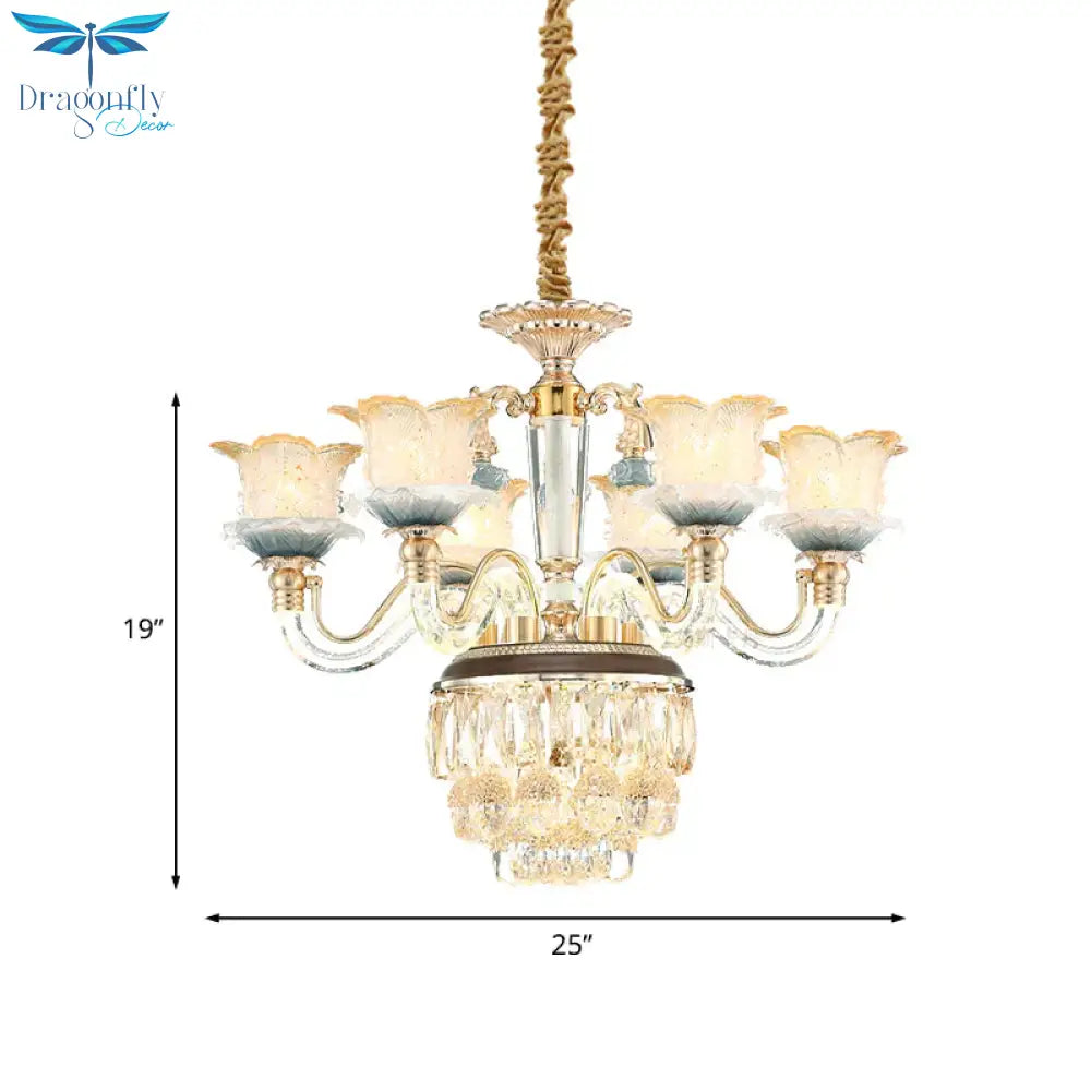Flower Crystal Hanging Ceiling Light Traditional 8 - Bulb Living Room Chandelier Lamp In Gold