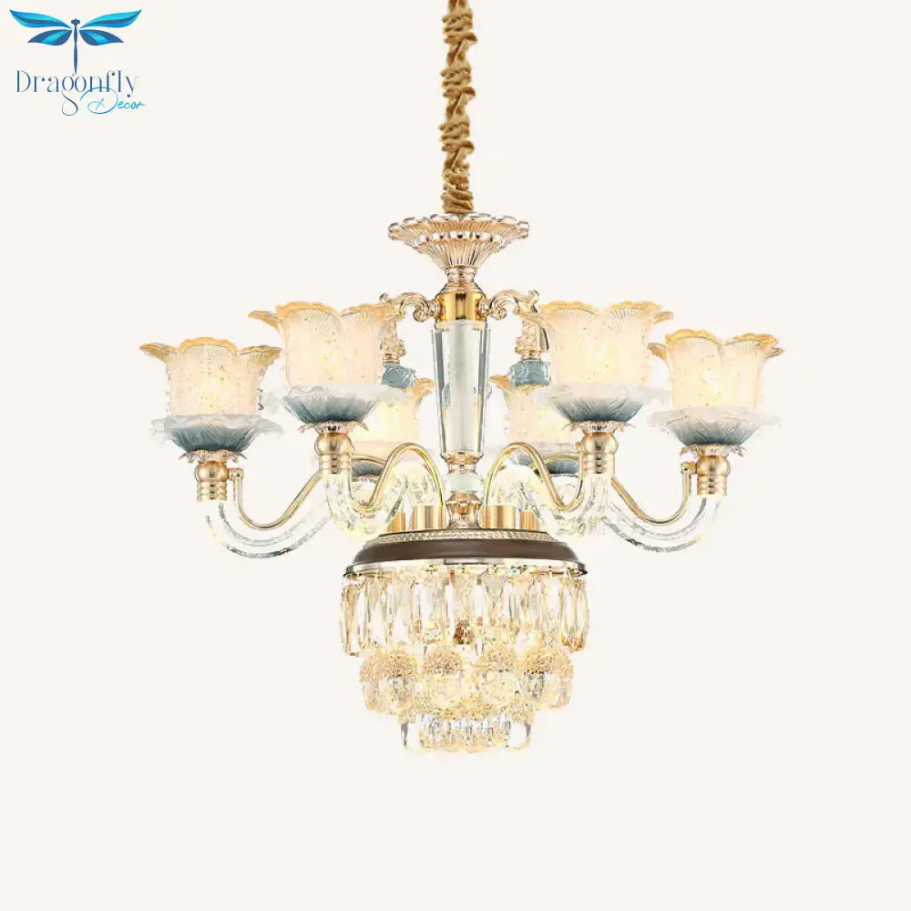Flower Crystal Hanging Ceiling Light Traditional 8 - Bulb Living Room Chandelier Lamp In Gold