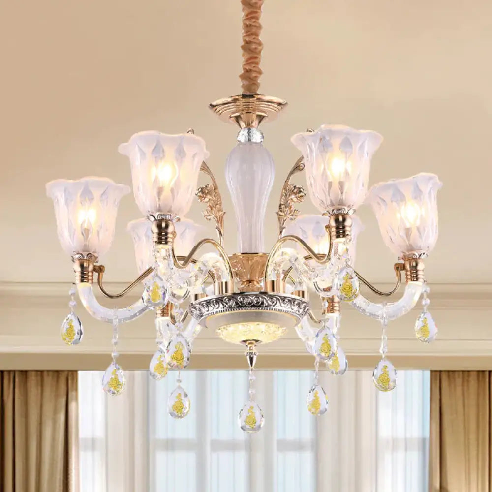 Flower Crystal Water Drops Hanging Light Kit Traditional 6 Bulbs Dinning Room Chandelier In Gold