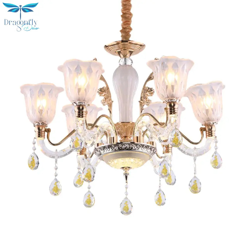Flower Crystal Water Drops Hanging Light Kit Traditional 6 Bulbs Dinning Room Chandelier In Gold