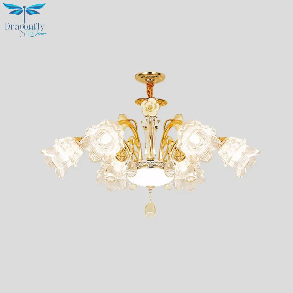 Flower Dining Room Chandelier Lamp Mid Century Clear Glass 3/6 - Bulb Gold Pendant With Crystal