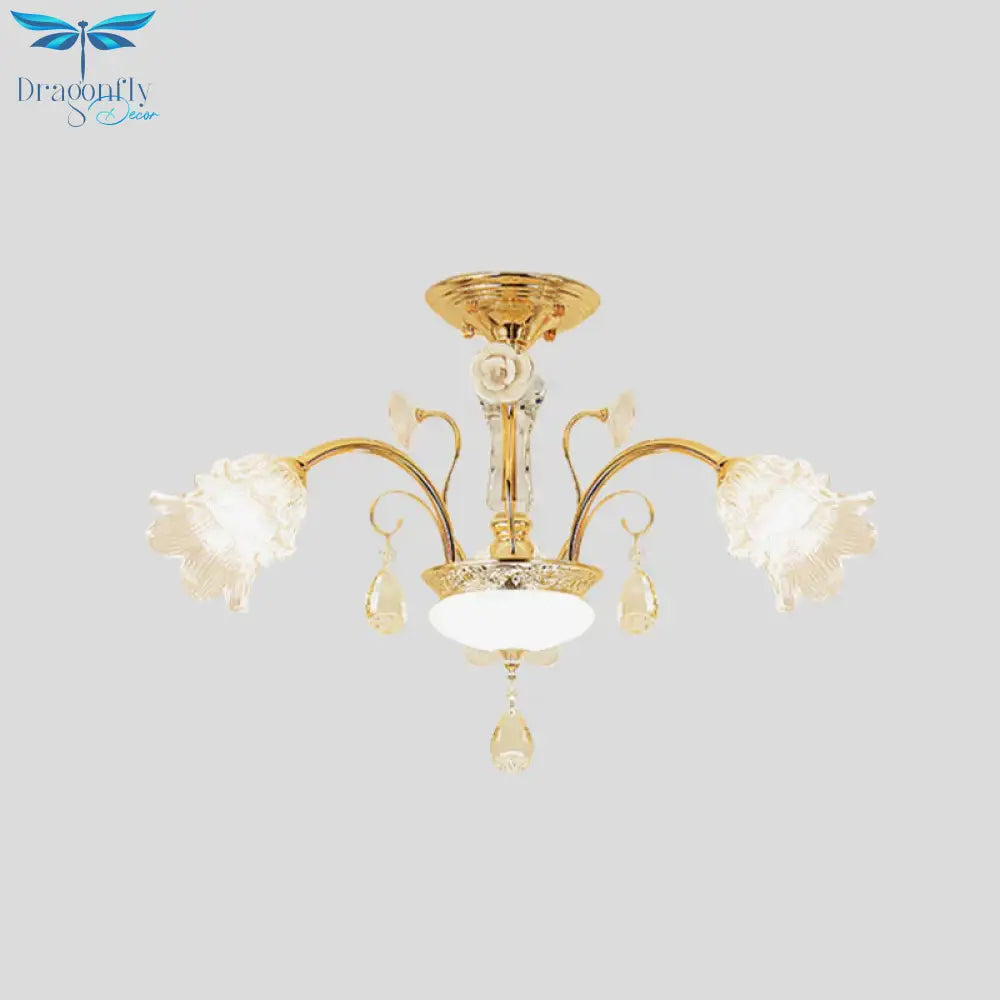 Flower Dining Room Chandelier Lamp Mid Century Clear Glass 3/6 - Bulb Gold Pendant With Crystal