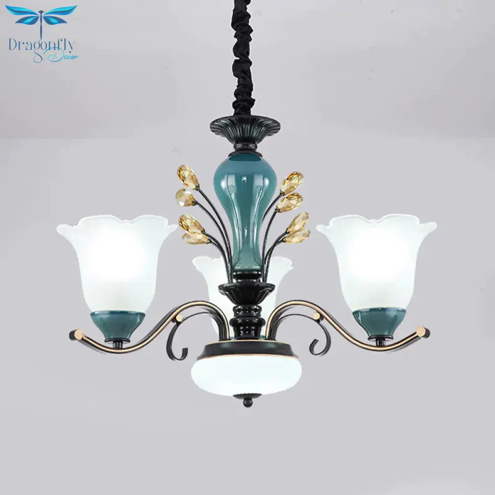 Flower Shade Suspension Lamp Countryside 3/6/8 - Head Milky Glass Pendant Chandelier In Green