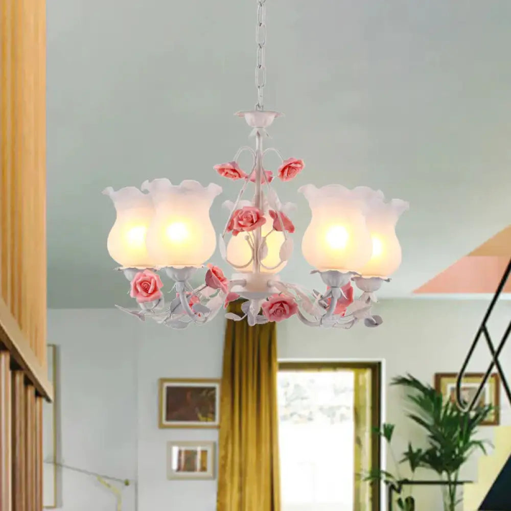 Flower White Glass Chandelier Light Pastoral 5 Bulbs Dining Room Pendant Lighting Fixture In Pink