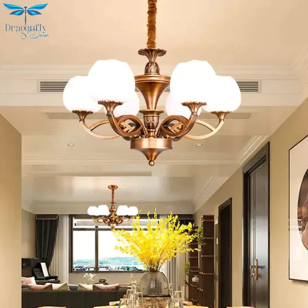 Flowerbud Living Room Ceiling Chandelier Traditional White Glass 3/6/8 Bulbs Brass Suspension Lamp