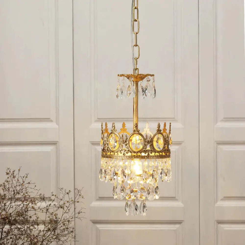 French Retro All Copper Crown Crystal Chandelier Living Room Dining Cloakroom Dia22Cm / Tri - Color