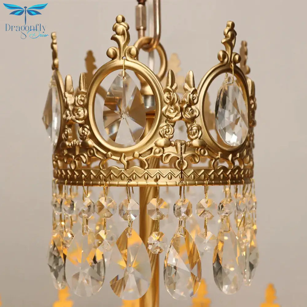 French Retro All Copper Crown Crystal Chandelier Living Room Dining Cloakroom Pendant