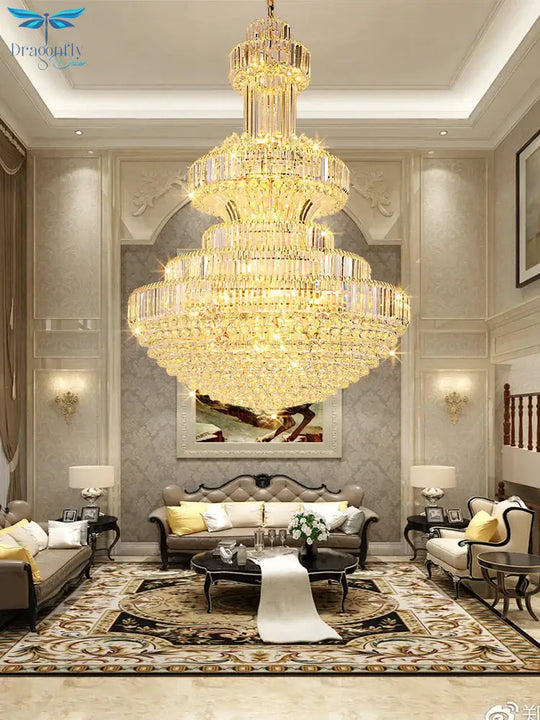 French Style Crystal Glass Pendant Lights Living Room Round Gold High Ceiling Hanging Lamp Home Led