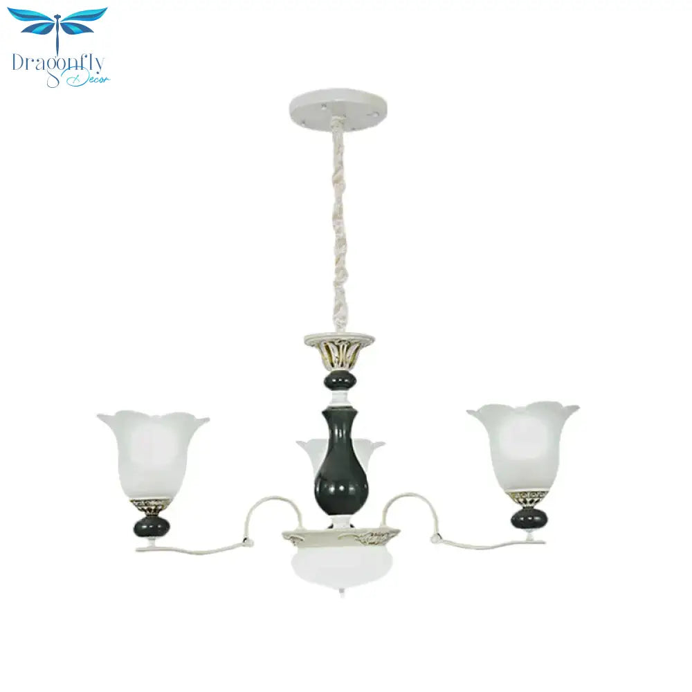 Frosted Glass Black Chandelier Lighting Blossom 3/6 Bulbs Rustic Ceiling Pendant Light