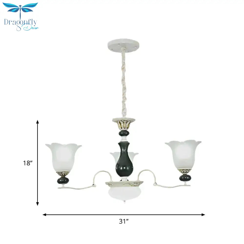 Frosted Glass Black Chandelier Lighting Blossom 3/6 Bulbs Rustic Ceiling Pendant Light