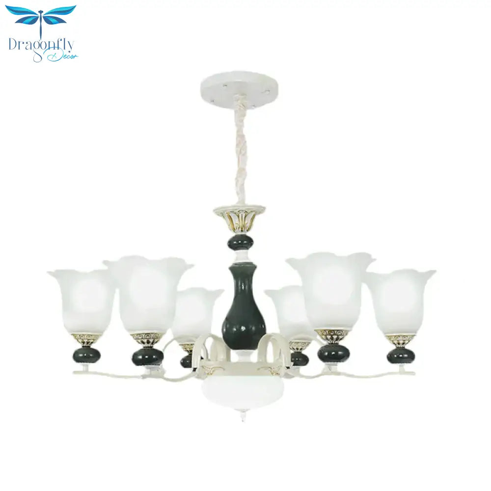 Frosted Glass Black Chandelier Lighting Blossom 3/6 Bulbs Rustic Ceiling Pendant Light