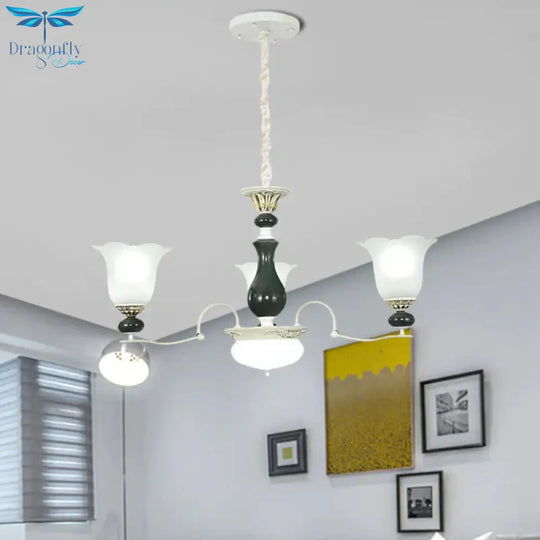 Frosted Glass Black Chandelier Lighting Blossom 3/6 Bulbs Rustic Ceiling Pendant Light