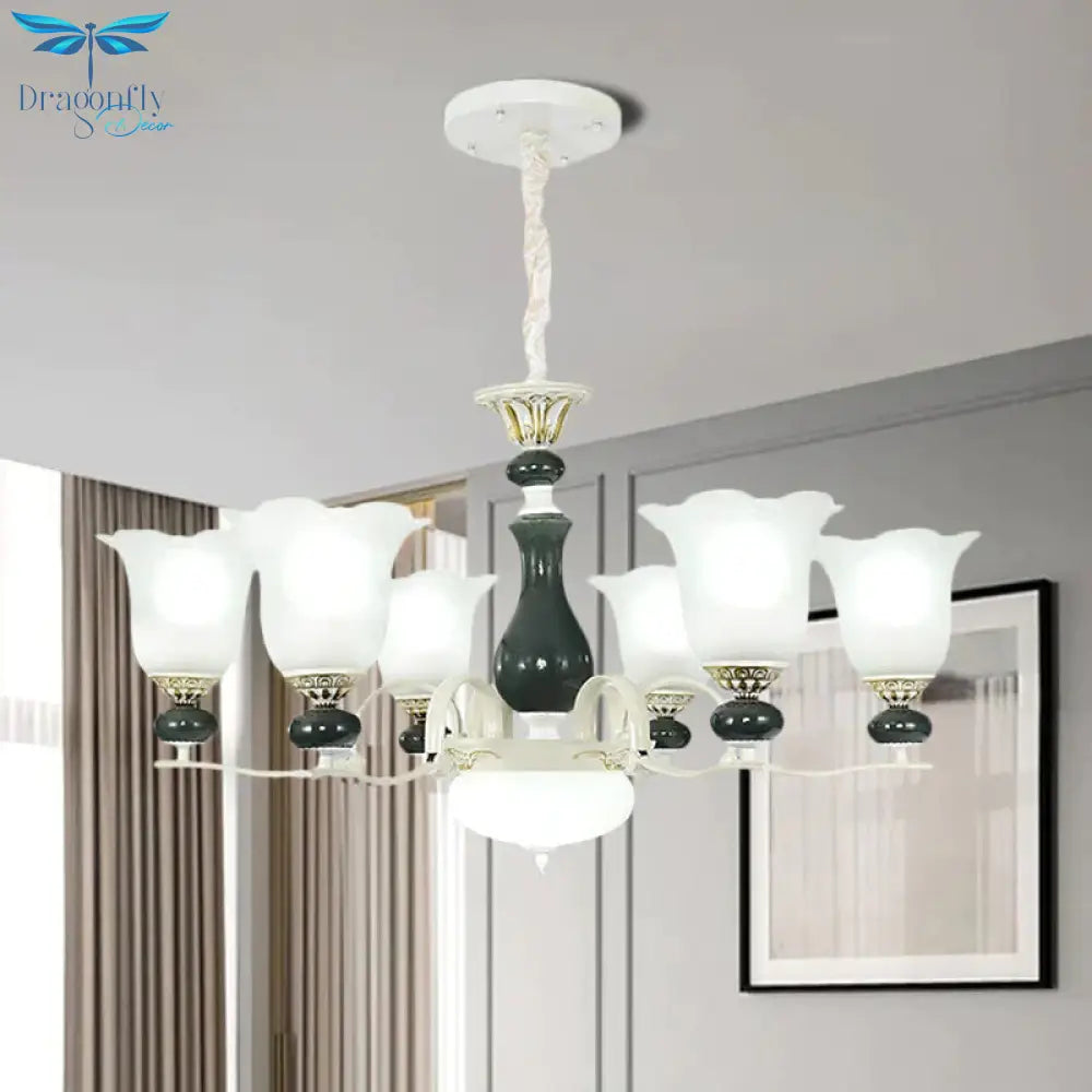 Frosted Glass Black Chandelier Lighting Blossom 3/6 Bulbs Rustic Ceiling Pendant Light