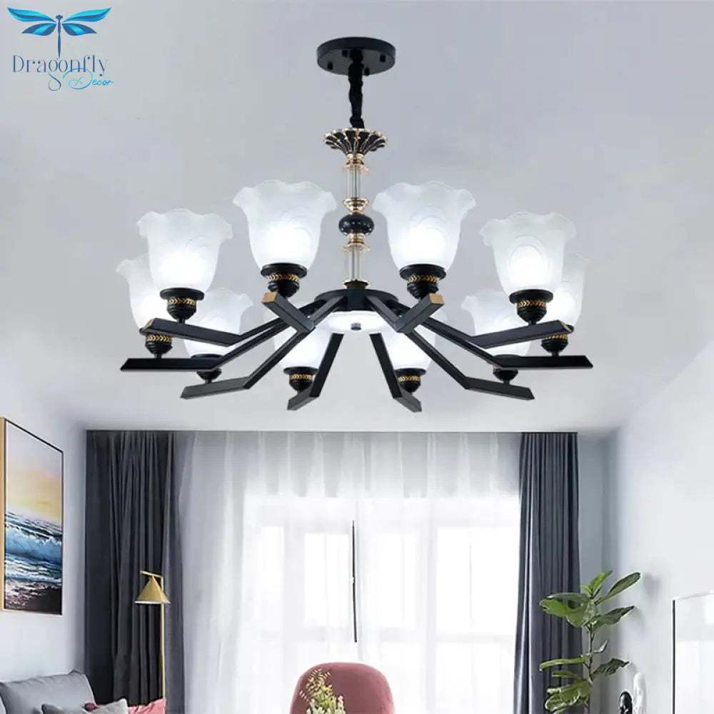Frosted Glass Black Chandelier Lighting Floral Shade 3/6/8 - Head Rural Style Hanging Pendant Light