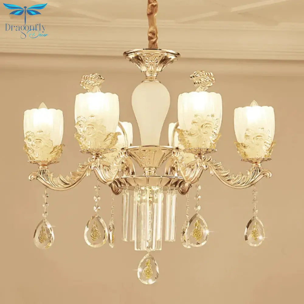 Frosted Glass Floral Chandelier Mid Century 6/8 Heads Bedroom Suspension Lamp In Gold With Crystal