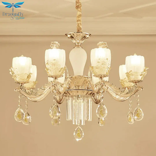 Frosted Glass Floral Chandelier Mid Century 6/8 Heads Bedroom Suspension Lamp In Gold With Crystal