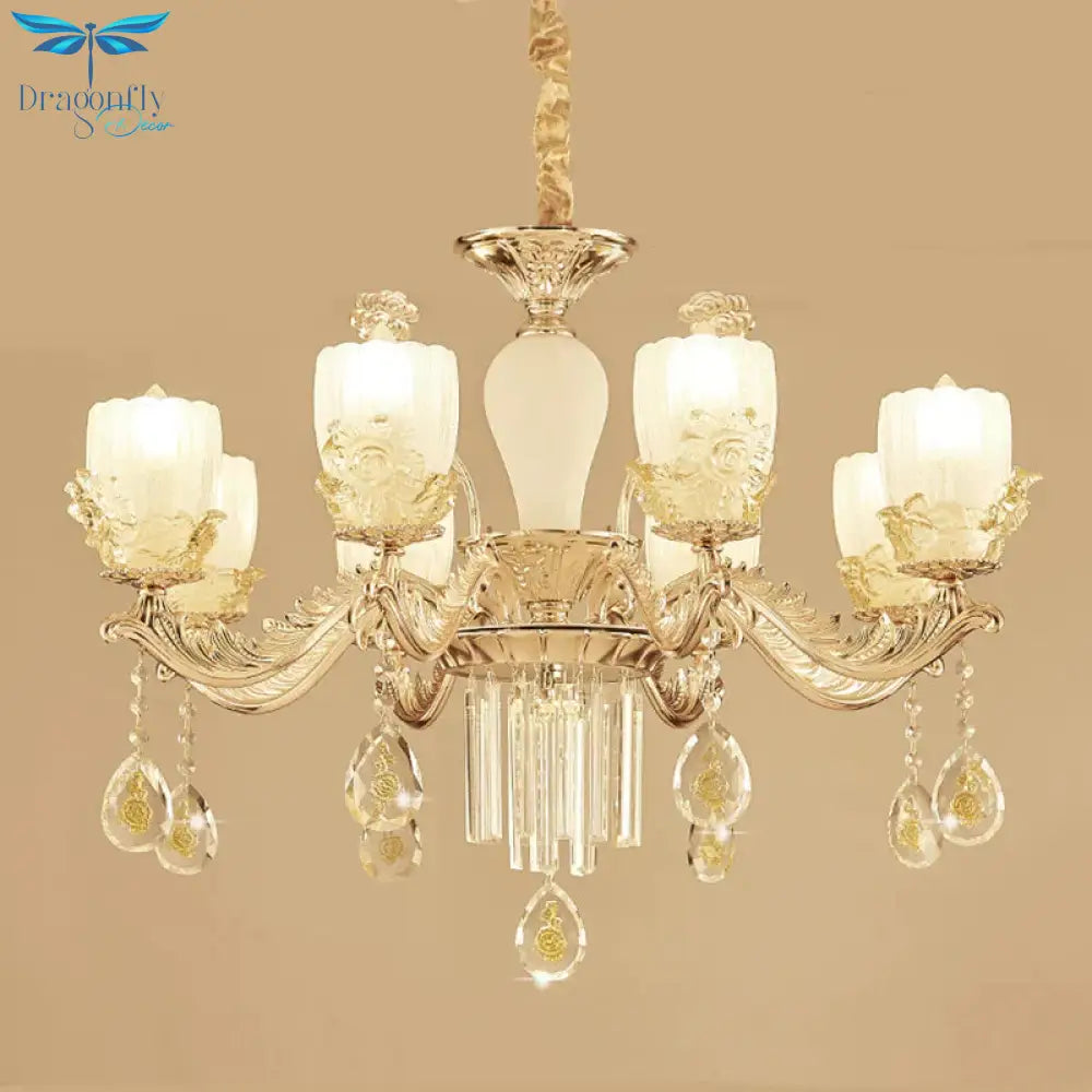 Frosted Glass Floral Chandelier Mid Century 6/8 Heads Bedroom Suspension Lamp In Gold With Crystal