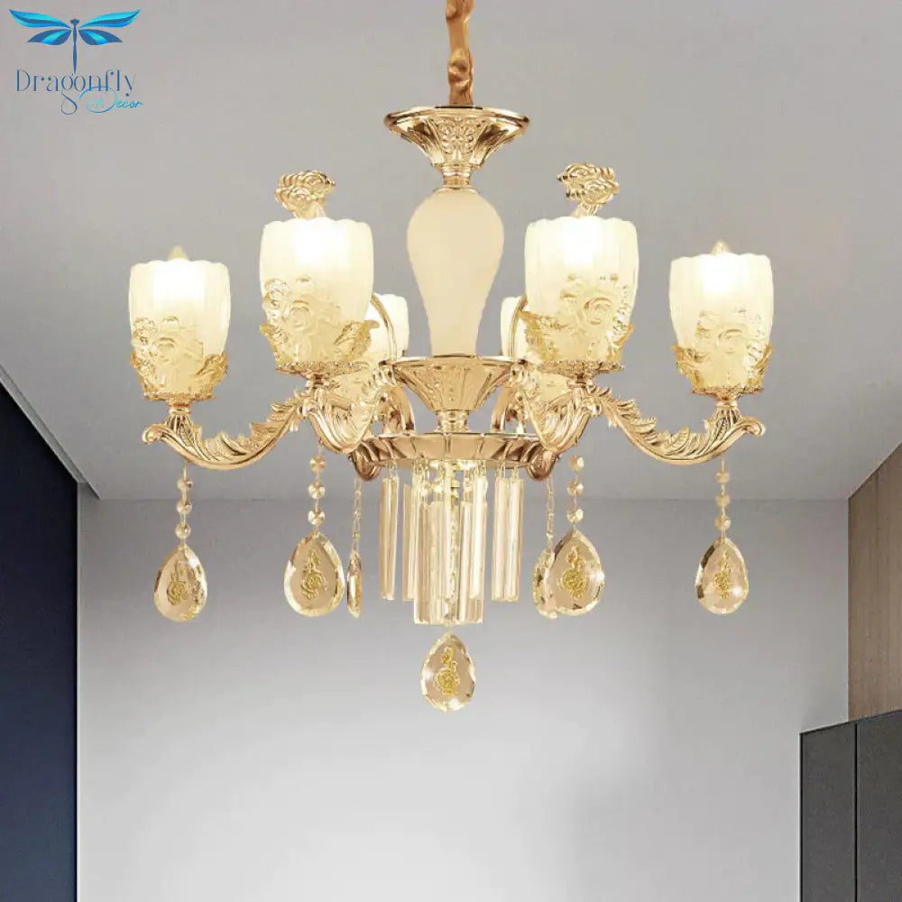 Frosted Glass Floral Chandelier Mid Century 6/8 Heads Bedroom Suspension Lamp In Gold With Crystal