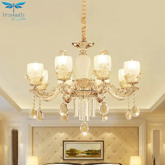 Frosted Glass Floral Chandelier Mid Century 6/8 Heads Bedroom Suspension Lamp In Gold With Crystal