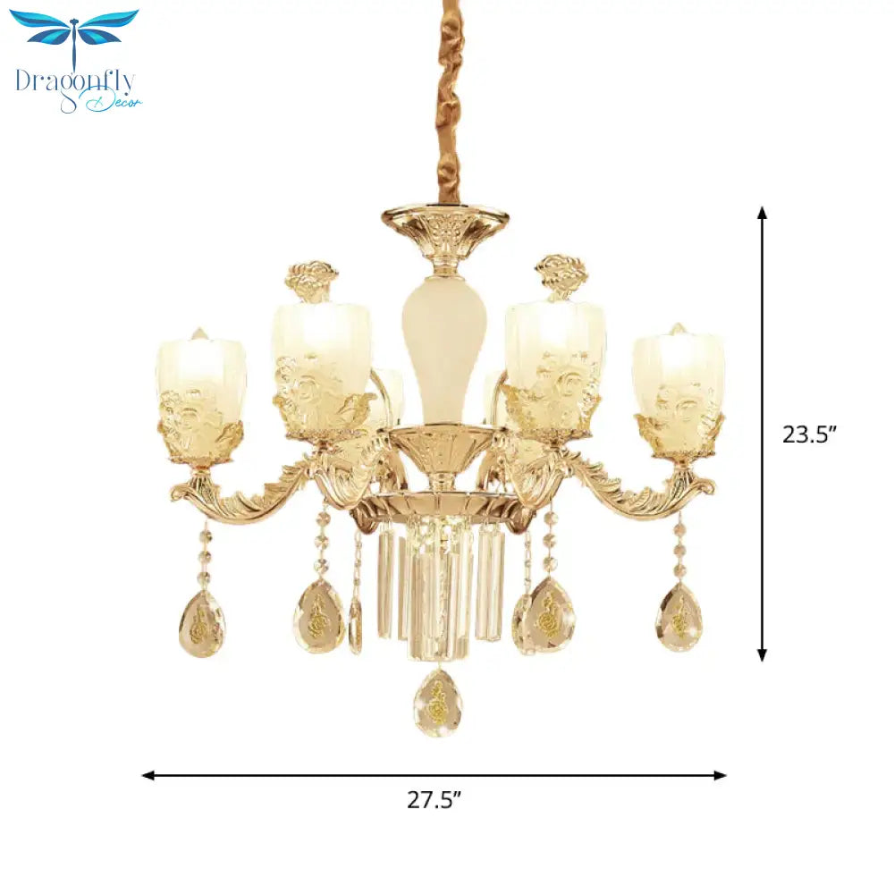 Frosted Glass Floral Chandelier Mid Century 6/8 Heads Bedroom Suspension Lamp In Gold With Crystal