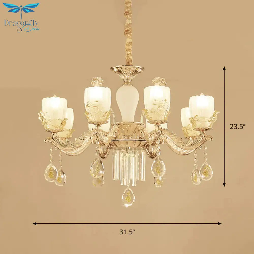 Frosted Glass Floral Chandelier Mid Century 6/8 Heads Bedroom Suspension Lamp In Gold With Crystal