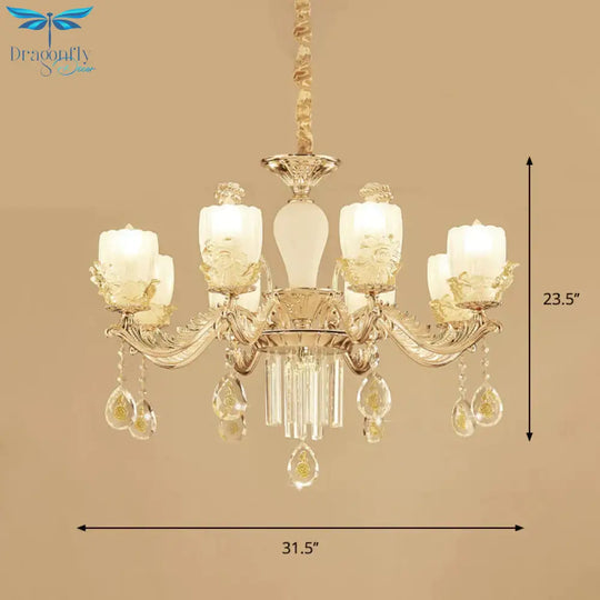 Frosted Glass Floral Chandelier Mid Century 6/8 Heads Bedroom Suspension Lamp In Gold With Crystal