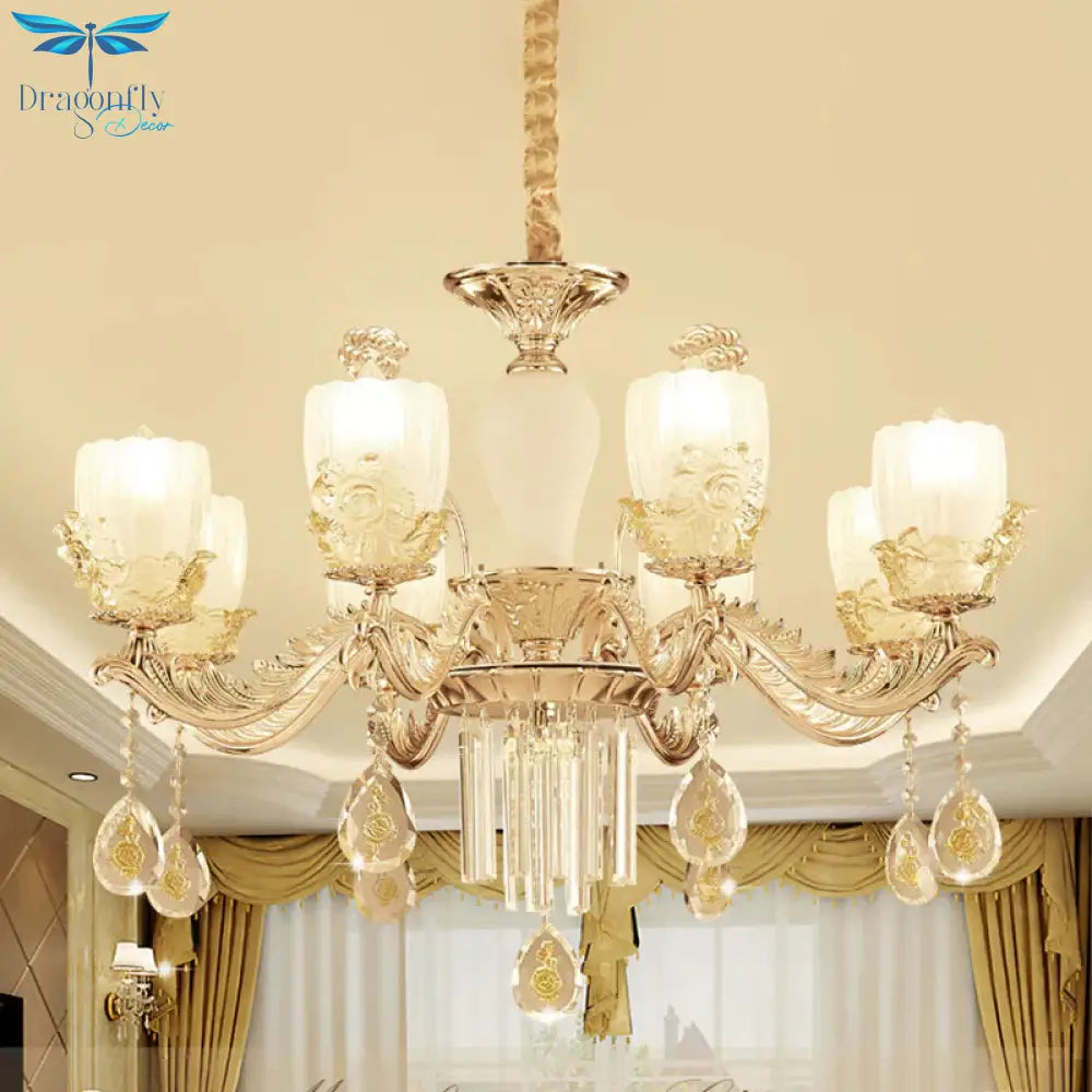 Frosted Glass Floral Chandelier Mid Century 6/8 Heads Bedroom Suspension Lamp In Gold With Crystal