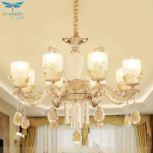 Frosted Glass Floral Chandelier Mid Century 6/8 Heads Bedroom Suspension Lamp In Gold With Crystal