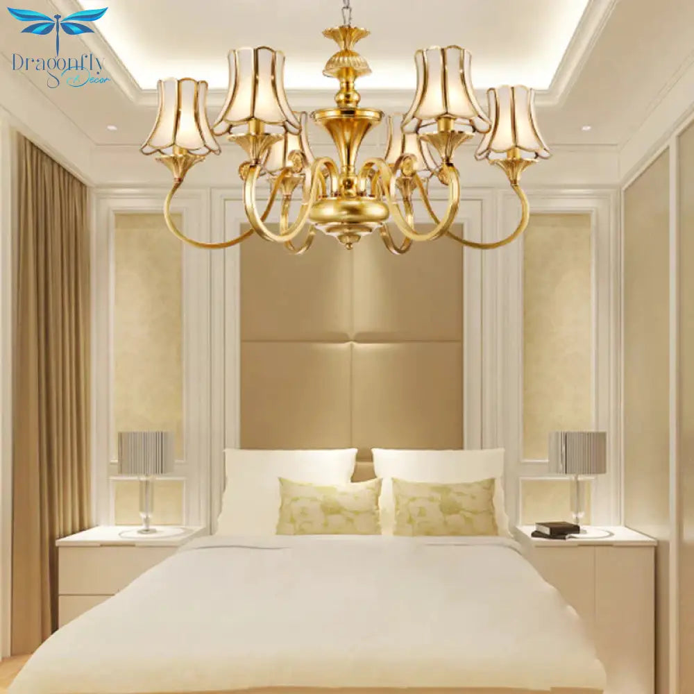 Frosted Glass Gold Pendant Chandelier Flared 3/6 Lights Colonialism Ceiling Hang Fixture For Bedroom