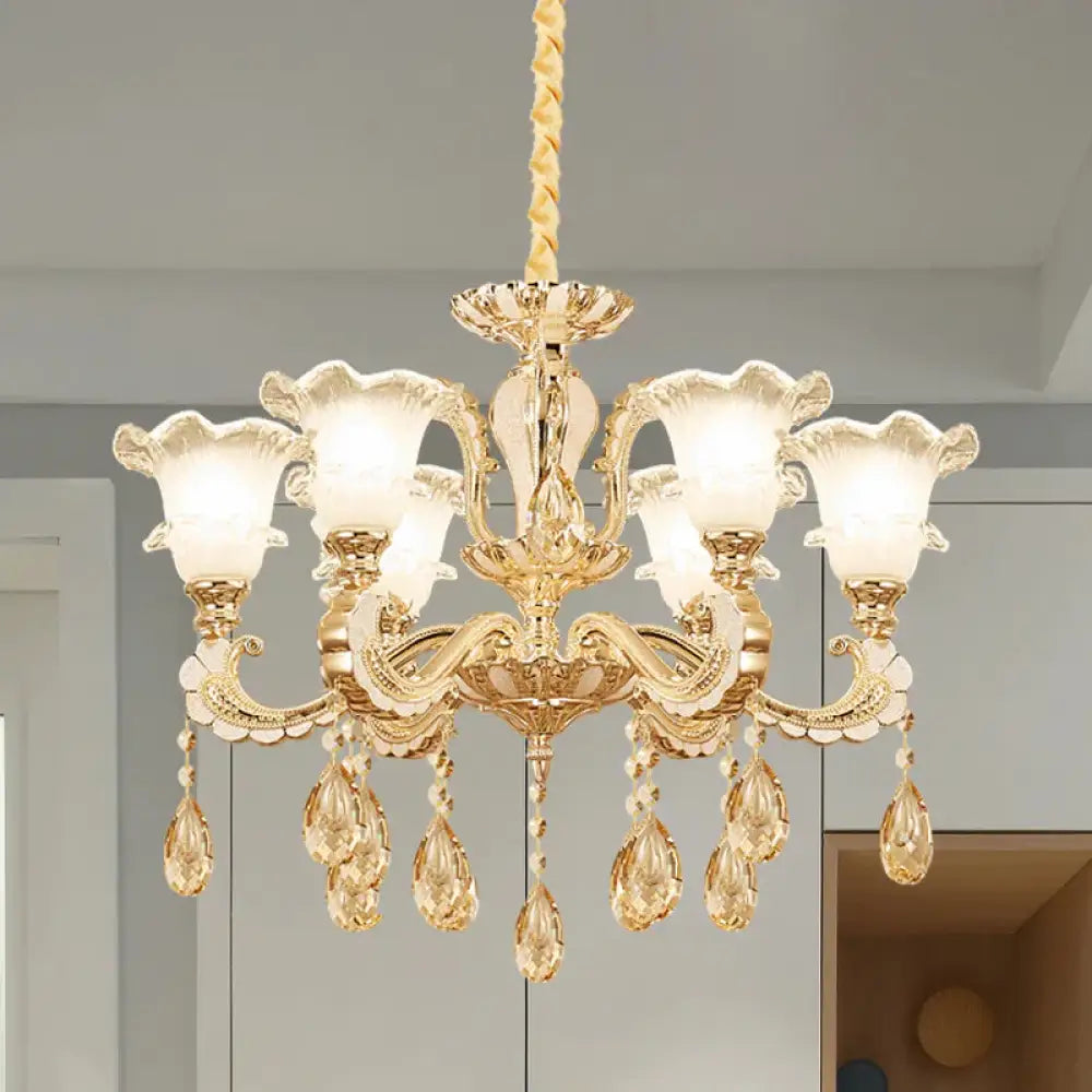 Frosted Glass Gold Pendant Light Ruffle 6 Heads Traditional Chandelier Lamp For Dining Room