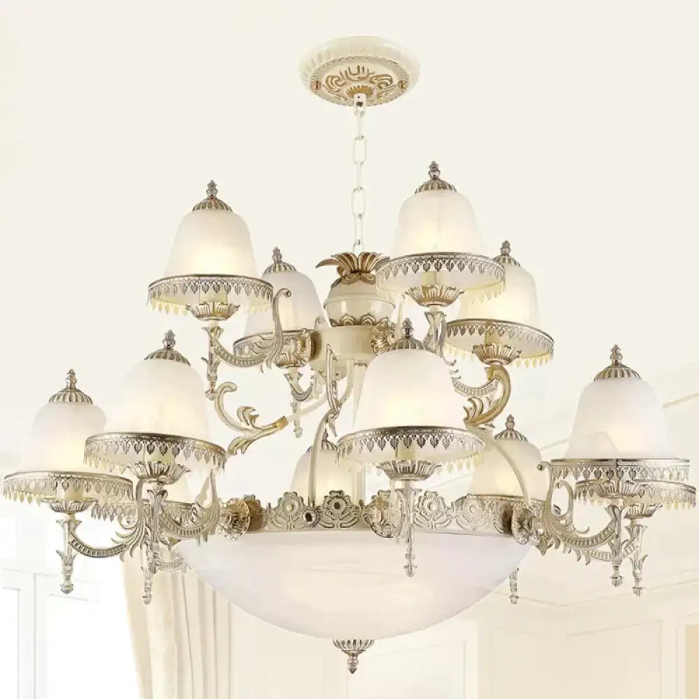 Frosted Glass White Chandelier Tiered Bell Shaped 15 - Light Country Style Hanging Light