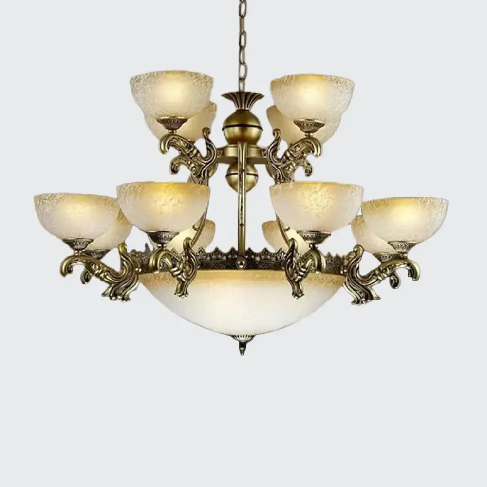 Frosted Patterned Glass Bowl Drop Lamp Rustic 15 - Light Living Room Ceiling Chandelier In Bronze