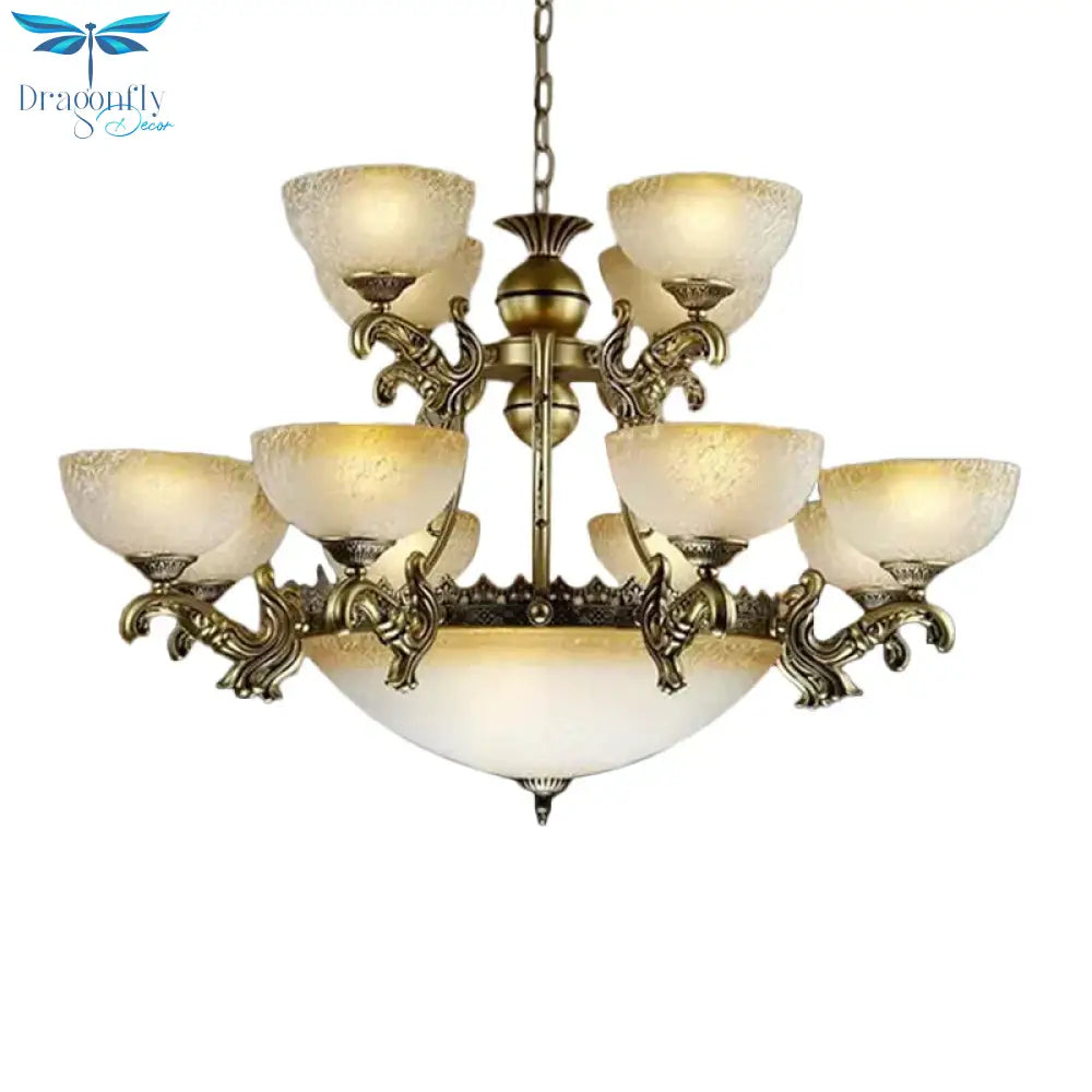 Frosted Patterned Glass Bowl Drop Lamp Rustic 15 - Light Living Room Ceiling Chandelier In Bronze