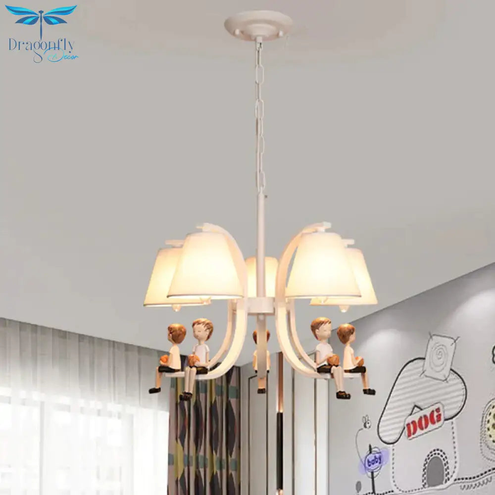 Girl/Boy Statue Suspension Light Kids Iron 5 - Bulb Bedroom Pendant Chandelier With Cone Fabric